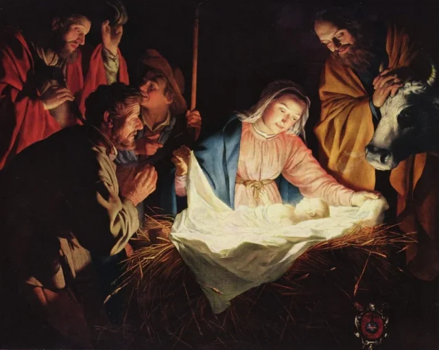 Dzieciątko Jezus z Maryją, i Józefem w otoczeniu pasterzyczeniu pas